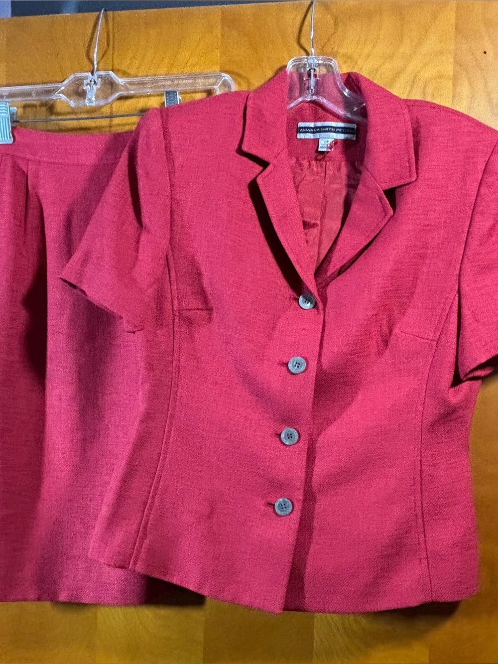 Amanda Smith Short-Sleeve Red Skirt Suit, Size 8P